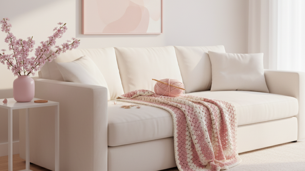 White sofa with pink and white granny stitched crochet throw blanket in a bright living room.